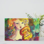 VIOLINISTISCHES MÄDCHEN, VIOLIEN UND KATZE BRIEFPAPIER (Stehend Vorderseite)