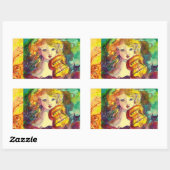 VIOLINISTISCHES MÄDCHEN, VIOLIEN UND KATZE RECHTECKIGER AUFKLEBER (Blatt)