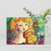 VIOLINISTISCHES MÄDCHEN, VIOLIN UND CAT Sweet 16 G Einladung (Stehend Vorderseite)