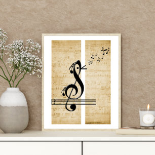 Violinschlüssel-Vogel Musiknoten Vintage-Notenblat Poster