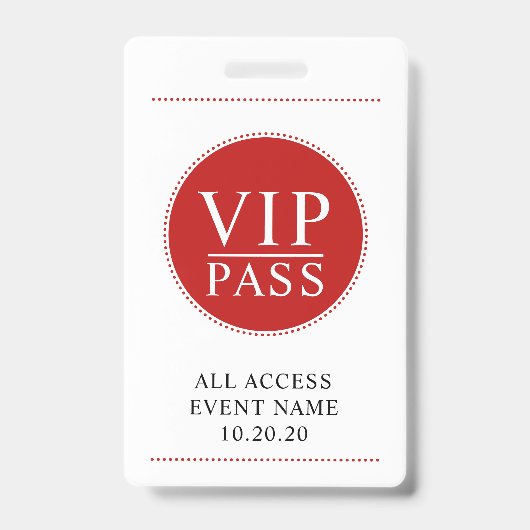 VIP All Access Event Einfach rot Weiß Ausweis (Vorderseite)