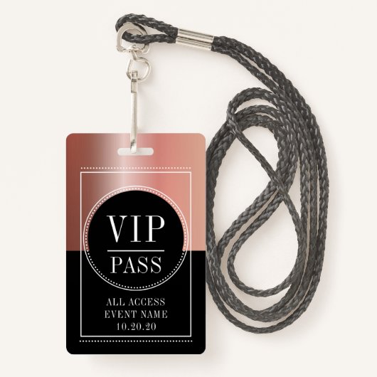 VIP All Access Event Metallische Rose Gold Black Ausweis (Vorderseite mit Schlüsselband)