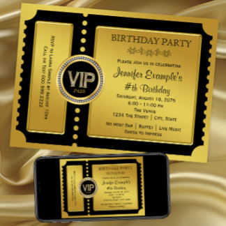 VIP Golden Ticket Geburtstagsfeier Einladung
