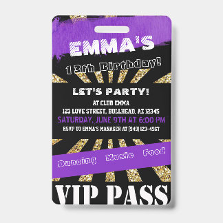 VIP Lila & Gold Eventpass Geburtstag Einladung Ausweis