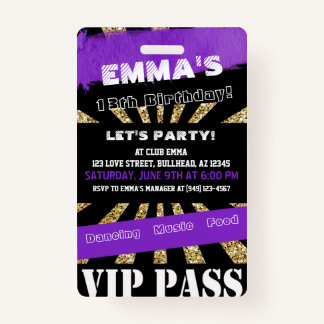 VIP Lila & Gold Eventpass Geburtstag Einladung Ausweis