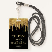 Vip Pass, Brautparty schwarzer Goldtropfen Glitzer Ausweis (Rückseite mit Schlüsselband)