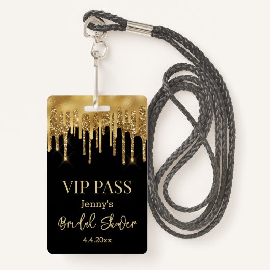 Vip Pass, Brautparty schwarzer Goldtropfen Glitzer Ausweis (Vorderseite mit Schlüsselband)
