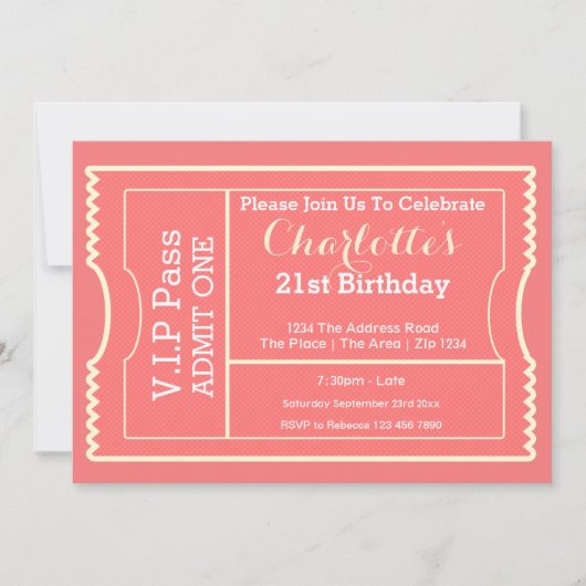 VIP Pass Party Eintrittskarte Rosa Einladung (Vorderseite)