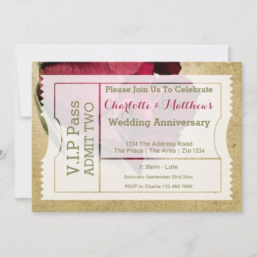 VIP Pass Party Ticket Rote Rose Einladung (Vorderseite)