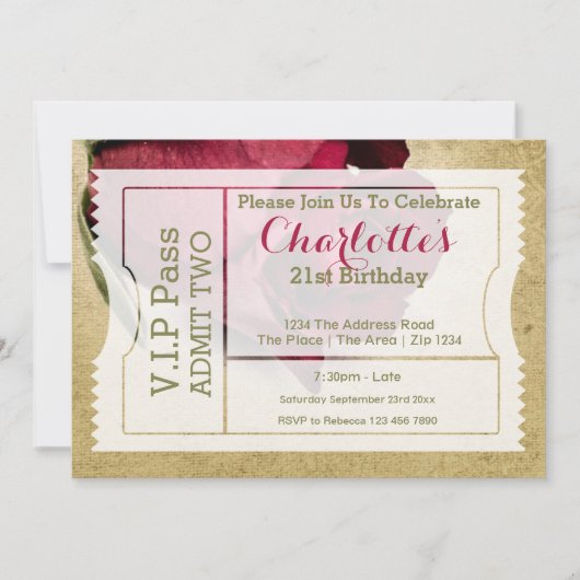 VIP Pass Party Ticket Rote Rose Einladung (Vorderseite)