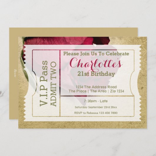 VIP Pass Party Ticket Rote Rose Einladung (Vorne/Hinten)