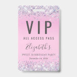 VIP Pass Pink Glitzer Sweet 16 Geburtstagsparty Ausweis<br><div class="desc">Ein einzigartiges 16-jähriges Jubiläum, das auch als Abzeichen für die Gäste dient, am Party zu tragen und als Souvenir-Gastgeschenk behalten. Dieses hübsche Design zeichnet sich durch funkelnd holografische lila, rosa und silberne Imitate Glitzer Konfetti auf einem rosa Hintergrund, ihren Namen in einem weich grauen trendy Skript und "VIP All Access...</div>