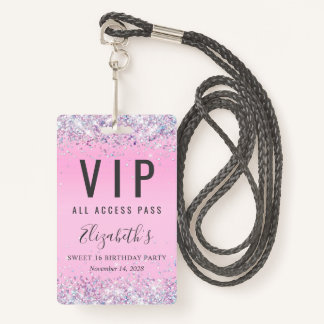 VIP Pass Pink Glitzer Sweet 16 Geburtstagsparty Ausweis