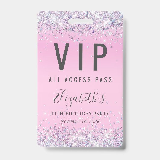 VIP Pass Pink Glitzern Birthday Party Ausweis (Front)