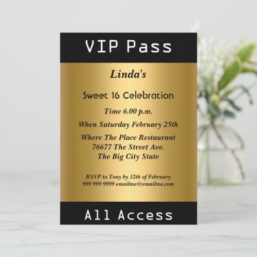 VIP Pass Sweet 16 Birthday Party Gold Einladung (Stehend Vorderseite)