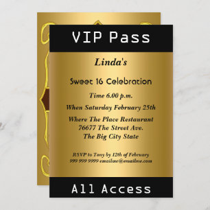 VIP Pass Sweet 16 Birthday Party Gold Einladung