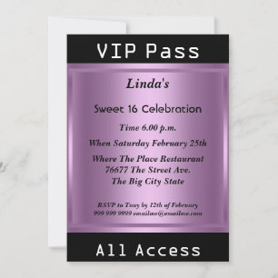 VIP-Pass Sweet 16 Geburtstagsfeier Lila Einladung