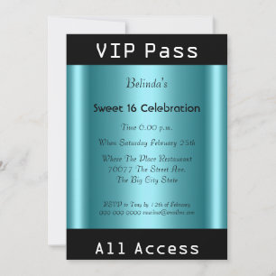 VIP-Pass Sweet 16 Geburtstagsfeier Schwarz Teal Einladung