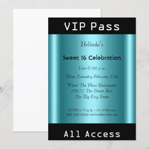 VIP-Pass Sweet 16 Geburtstagsfeier Schwarz Teal Einladung