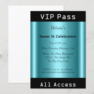 VIP-Pass Sweet 16 Geburtstagsfeier Schwarz Teal Einladung
