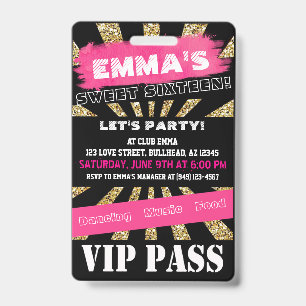 VIP Sweet 16 oder jedes Event Pass Custom Wording Ausweis