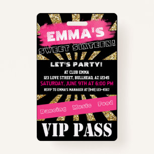 VIP Sweet 16 oder jedes Event Pass Custom Wording Ausweis
