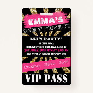 VIP Sweet 16 oder jedes Event Pass Custom Wording Ausweis