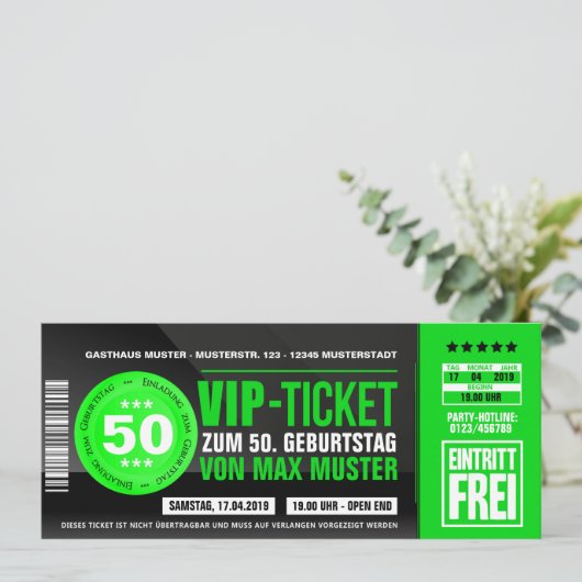 VIP-TICKET Einladungskarten (grün) (Stehend Vorderseite)