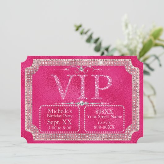 VIP-Ticket für Hot Pink Glitzer & Diamonds Einladung (Stehend Vorderseite)