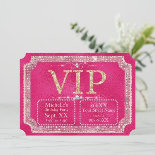 VIP-Ticket für Hot Pink & Gold Glitzer Einladung (Stehend Vorderseite)