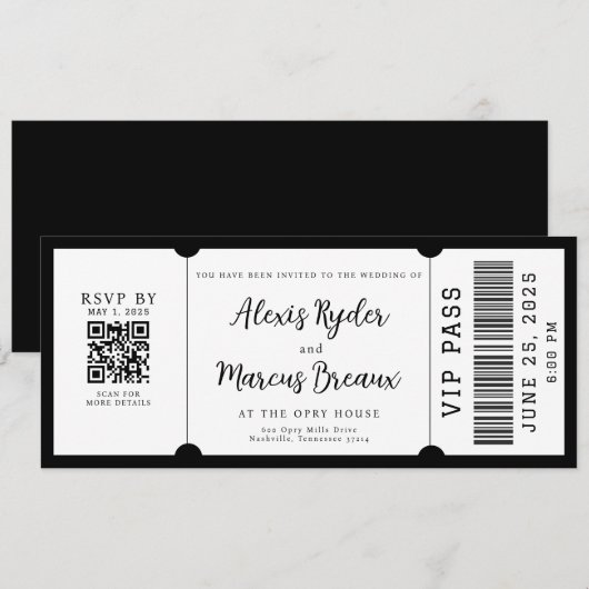 VIP Ticket Schwarz-Weiß-Hochzeit Einladung (Vorne/Hinten)