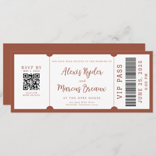 VIP Ticket Trendy Terracotta Hochzeit Einladung (Vorne/Hinten)