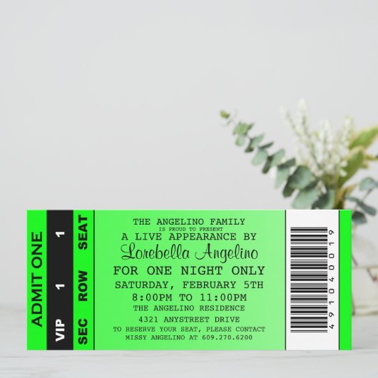 VIP-Ticket zum Geburtstag (grün) Einladung (Stehend Vorderseite)