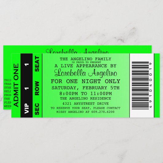 VIP-Ticket zum Geburtstag (grün) Einladung (Vorne/Hinten)
