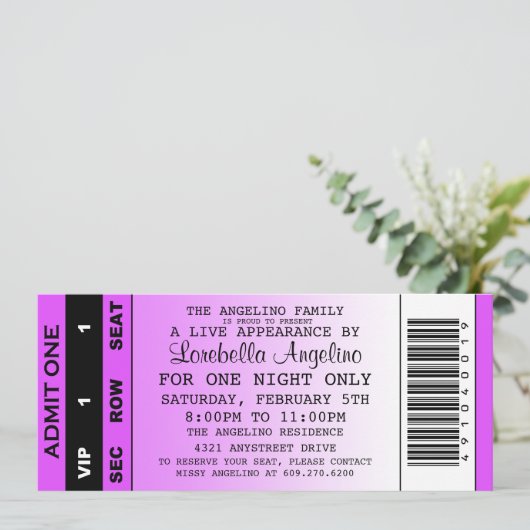 VIP-Ticket zum Geburtstag (Lila) Einladung (Stehend Vorderseite)