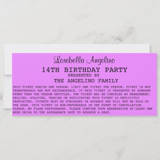 VIP-Ticket zum Geburtstag (Lila) Einladung (Rückseite)