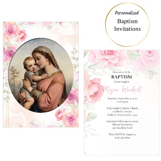 Virgin and Child Soft Pink Roses Catholic Baptism Einladung