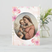 Virgin and Child Soft Pink Roses Catholic Baptism Einladung (Stehend Vorderseite)
