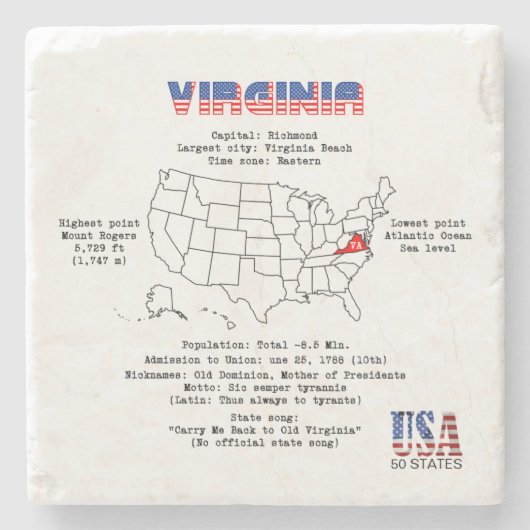 Virginia American Staat auf einer Karte und nützli Steinuntersetzer (Vorderseite)