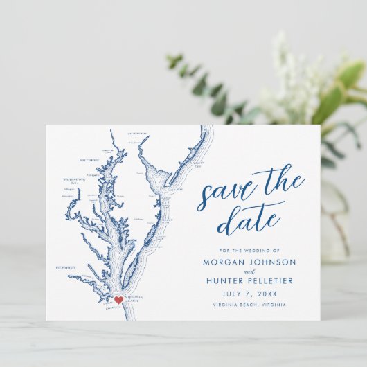 Virginia Beach Map Moderne Hochzeit Save The Date (Stehend Vorderseite)