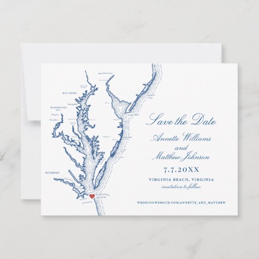 Virginia Beach Wedding Elegant Navy Map Save The Date (Vorderseite)
