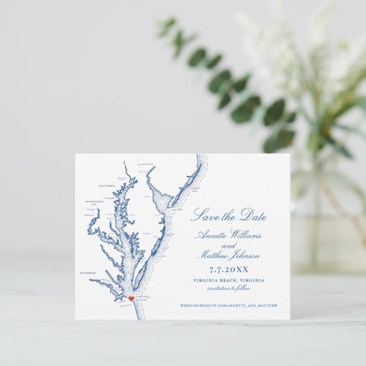 Virginia Beach Wedding Elegant Navy Map Save The Date (Stehend Vorderseite)