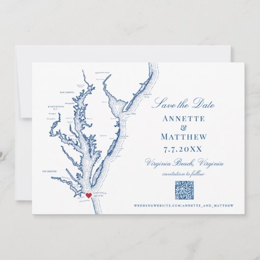 Virginia Beach Wedding Elegant Navy QR Code Save The Date (Vorderseite)
