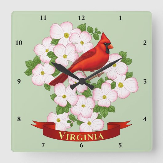 Virginia Staat Kardinal Bird und Dogwood Blume Quadratische Wanduhr (Vorderseite)