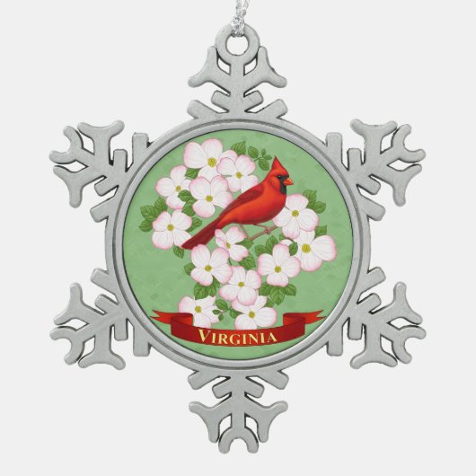 Virginia Staat Kardinal Bird und Dogwood Blume Schneeflocken Zinn-Ornament (Vorderseite)