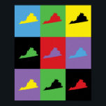 Virginia Staat Pop Art Pattern Poster<br><div class="desc">Ein hübsches Muster mit der Staat-Kontur von Virginia in Gelb,  Blau,  Rot,  Grün,  Schwarz und lila</div>