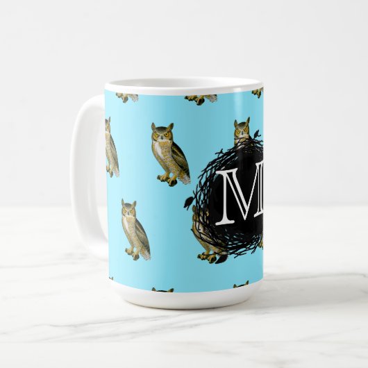 Virginia-Uhu-blaues Muster-Monogramm Kaffeetasse (Vorderseite Links)