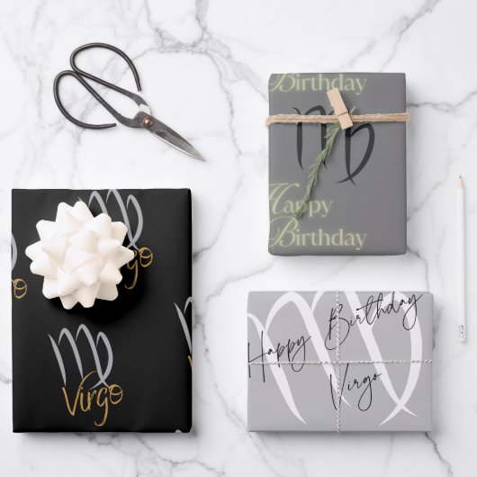 Virgo Birthday Grau/Schwarz Geschenkpapier Set (Vorderseite)