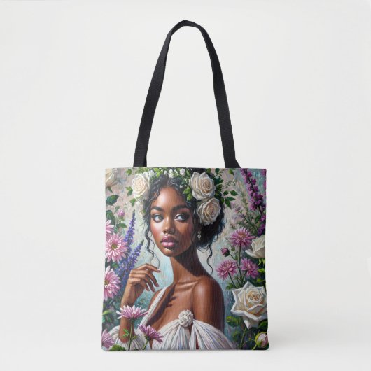 Virgo Black Woman mit Rose und Chrysanthemen Tasche (Vorderseite)