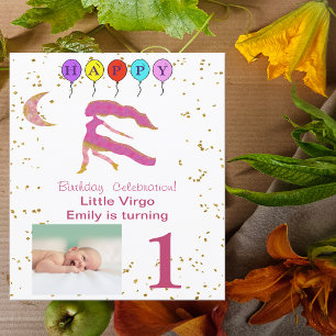 Virgo First Birthday Gold, Balloons und Foto Einladung